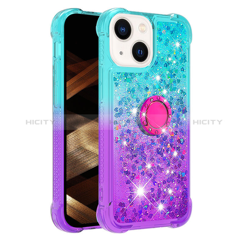 Custodia Silicone Cover Morbida Bling-Bling con Anello Supporto S02 per Apple iPhone 13 Cielo Blu