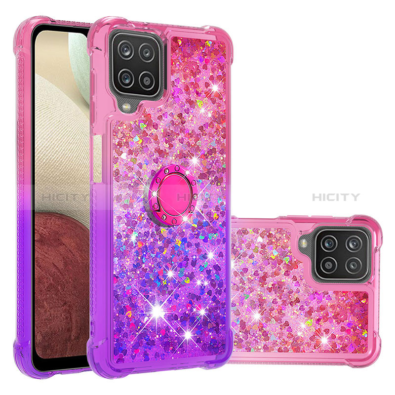 Custodia Silicone Cover Morbida Bling-Bling con Anello Supporto S02 per Samsung Galaxy M12 Rosa Caldo