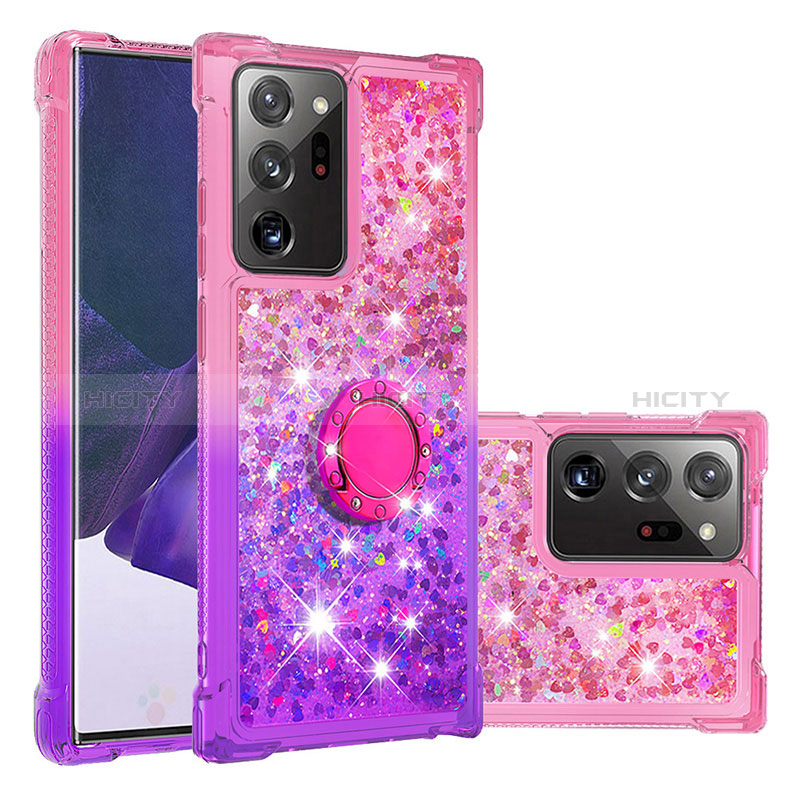 Custodia Silicone Cover Morbida Bling-Bling con Anello Supporto S02 per Samsung Galaxy Note 20 Ultra 5G Rosa Caldo