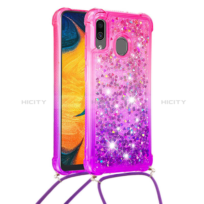 Custodia Silicone Cover Morbida Bling-Bling con Cinghia Cordino Mano S01 per Samsung Galaxy A30 Rosa Caldo