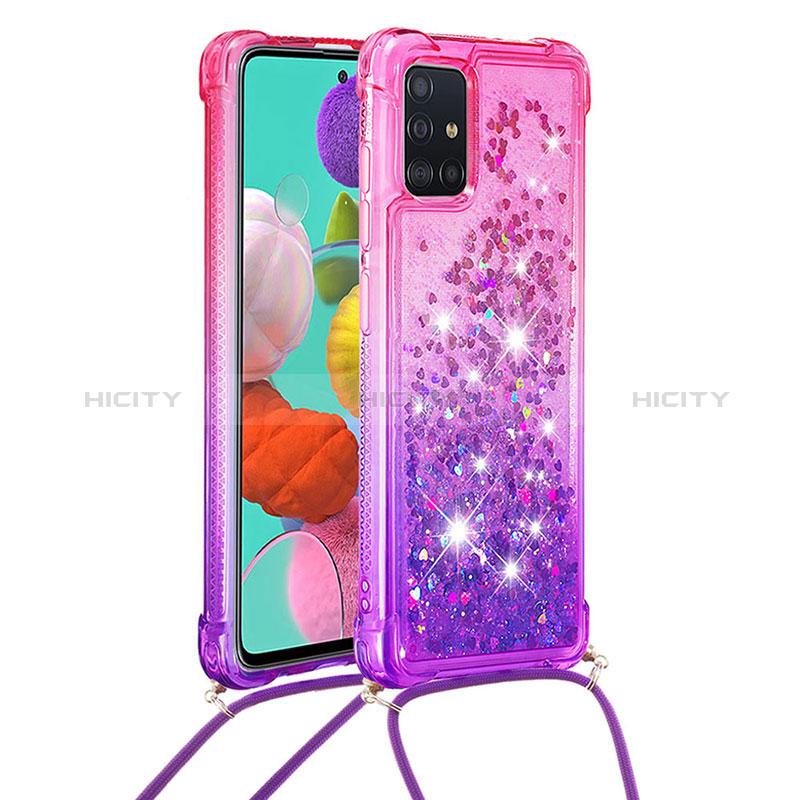 Custodia Silicone Cover Morbida Bling-Bling con Cinghia Cordino Mano S01 per Samsung Galaxy A51 4G Rosa Caldo