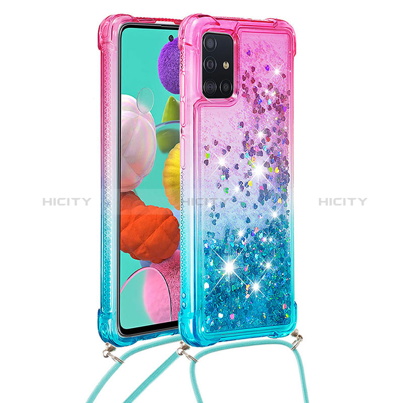 Custodia Silicone Cover Morbida Bling-Bling con Cinghia Cordino Mano S01 per Samsung Galaxy A51 5G Rosa