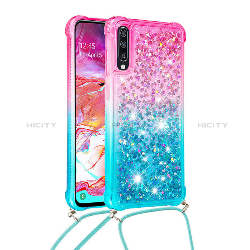 Custodia Silicone Cover Morbida Bling-Bling con Cinghia Cordino Mano S01 per Samsung Galaxy A70S Rosa