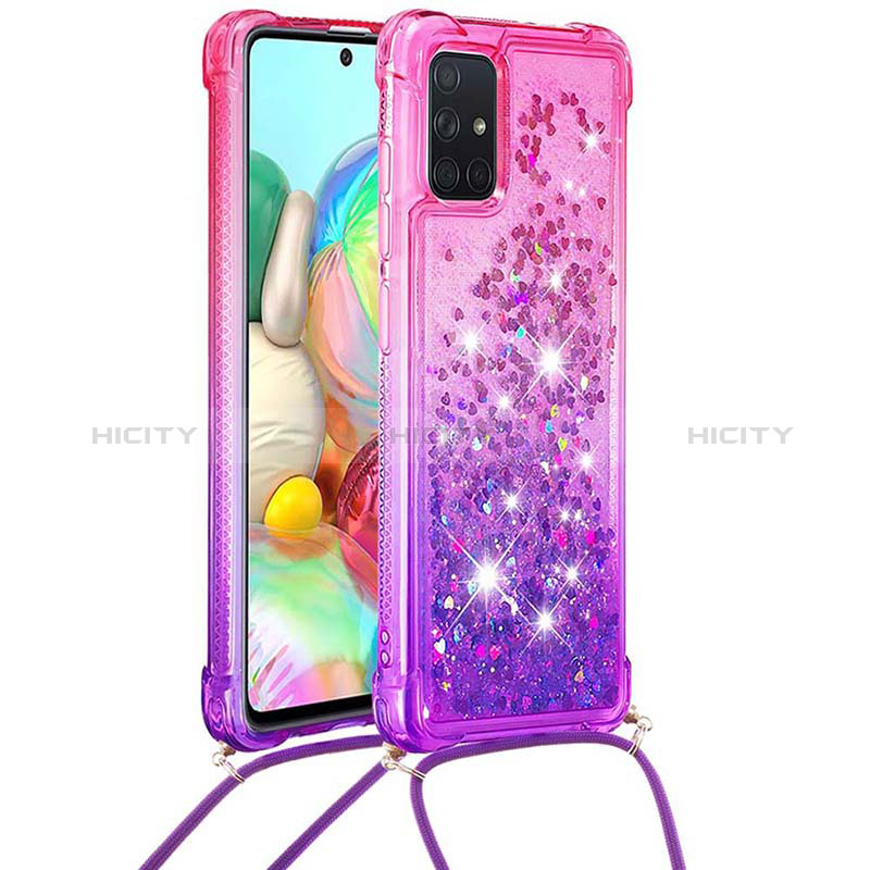 Custodia Silicone Cover Morbida Bling-Bling con Cinghia Cordino Mano S01 per Samsung Galaxy A71 5G Rosa Caldo