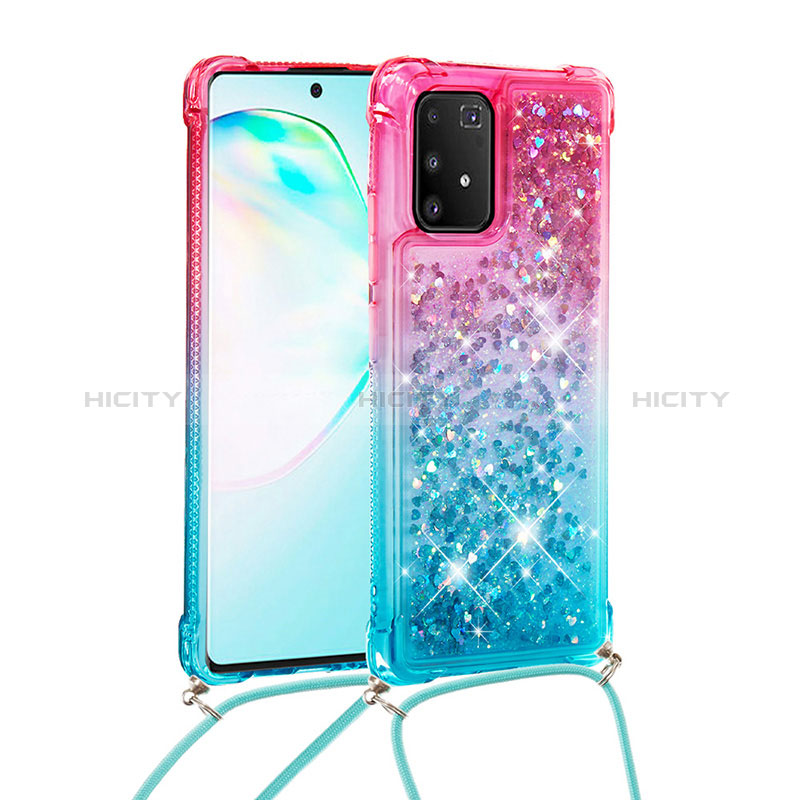 Custodia Silicone Cover Morbida Bling-Bling con Cinghia Cordino Mano S01 per Samsung Galaxy A91 Rosa