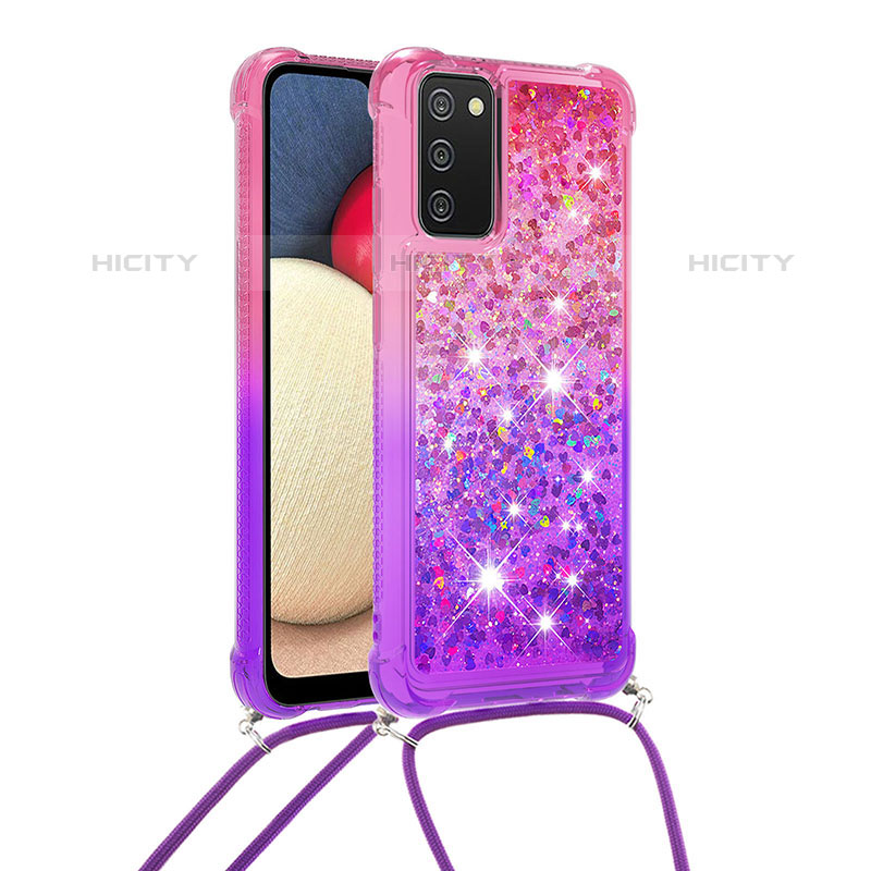 Custodia Silicone Cover Morbida Bling-Bling con Cinghia Cordino Mano S01 per Samsung Galaxy M02s Rosa Caldo