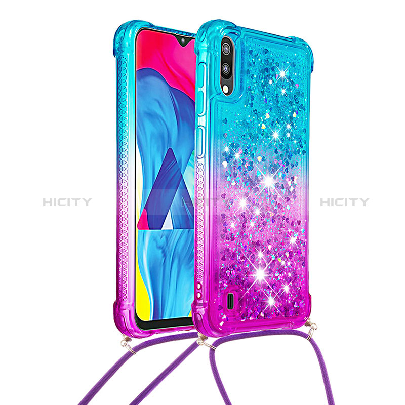 Custodia Silicone Cover Morbida Bling-Bling con Cinghia Cordino Mano S01 per Samsung Galaxy M10 Cielo Blu