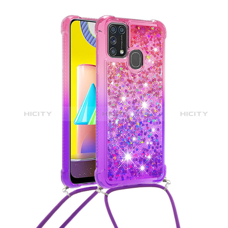 Custodia Silicone Cover Morbida Bling-Bling con Cinghia Cordino Mano S01 per Samsung Galaxy M21s Rosa Caldo