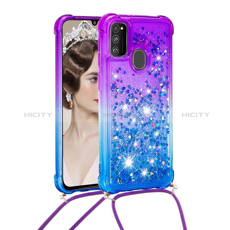 Custodia Silicone Cover Morbida Bling-Bling con Cinghia Cordino Mano S01 per Samsung Galaxy M30s Viola