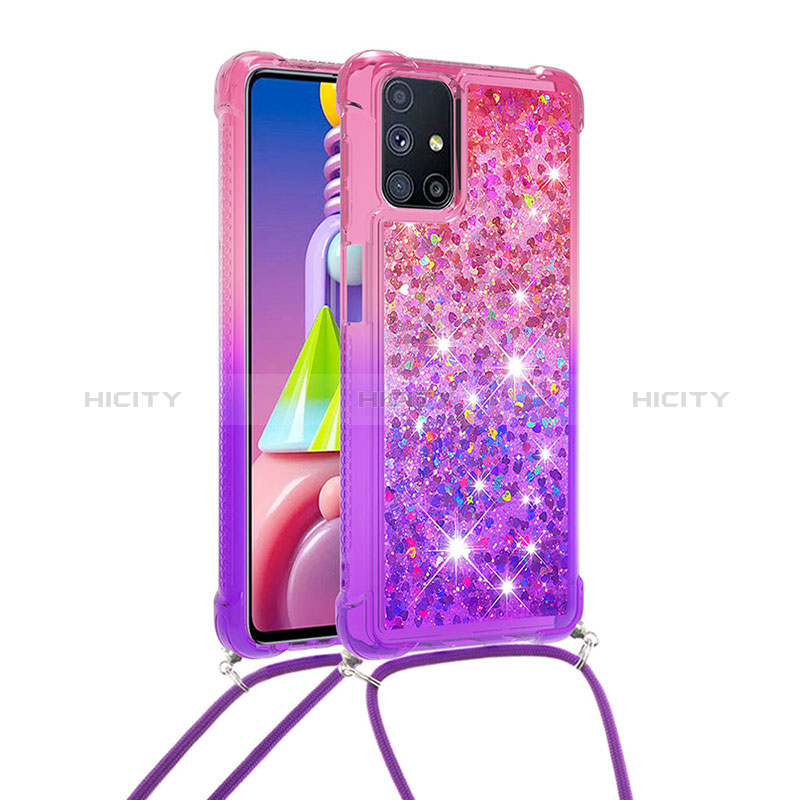 Custodia Silicone Cover Morbida Bling-Bling con Cinghia Cordino Mano S01 per Samsung Galaxy M51 Rosa Caldo