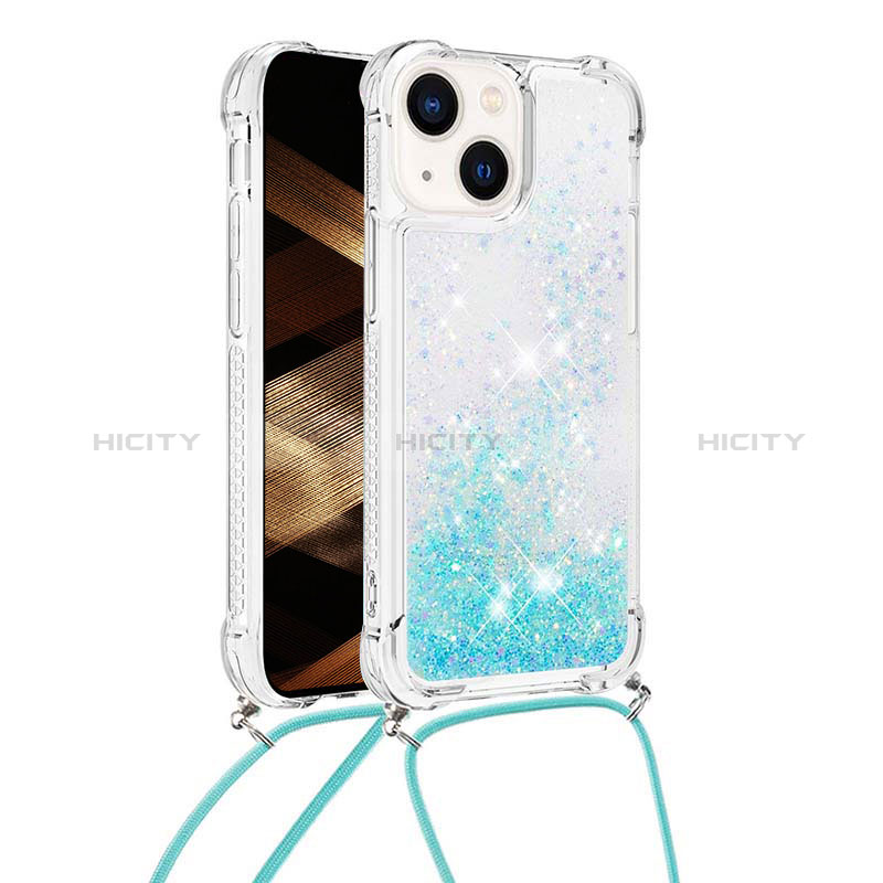 Custodia Silicone Cover Morbida Bling-Bling con Cinghia Cordino Mano S02 per Apple iPhone 14 Plus Cielo Blu