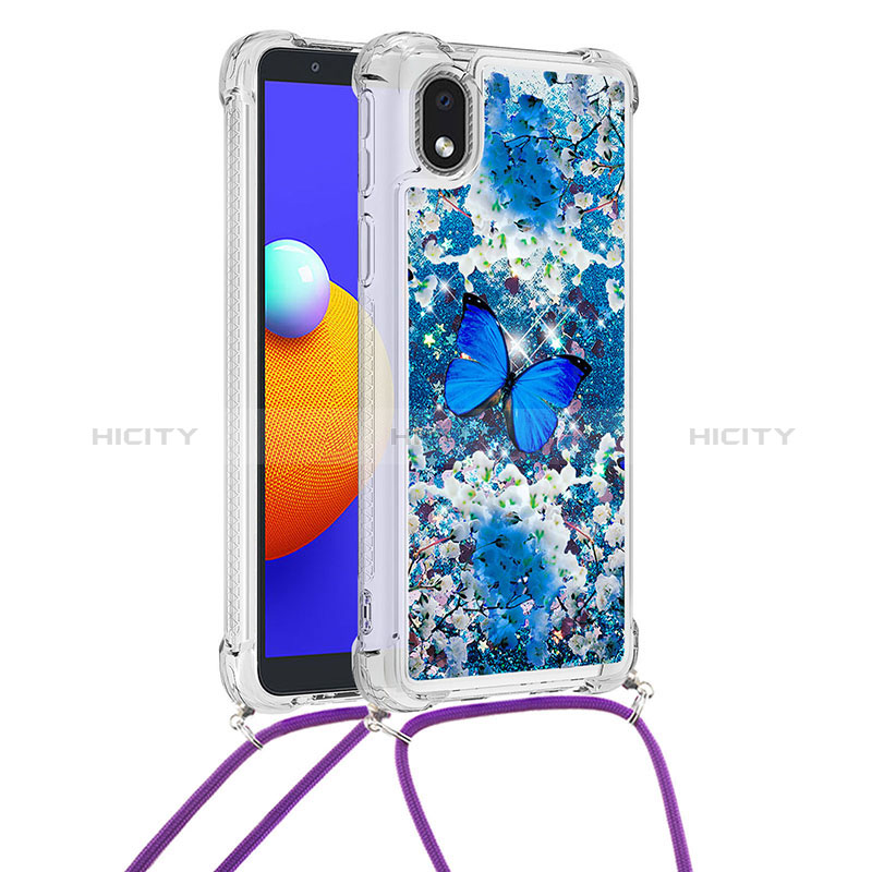 Custodia Silicone Cover Morbida Bling-Bling con Cinghia Cordino Mano S02 per Samsung Galaxy A01 Core Blu