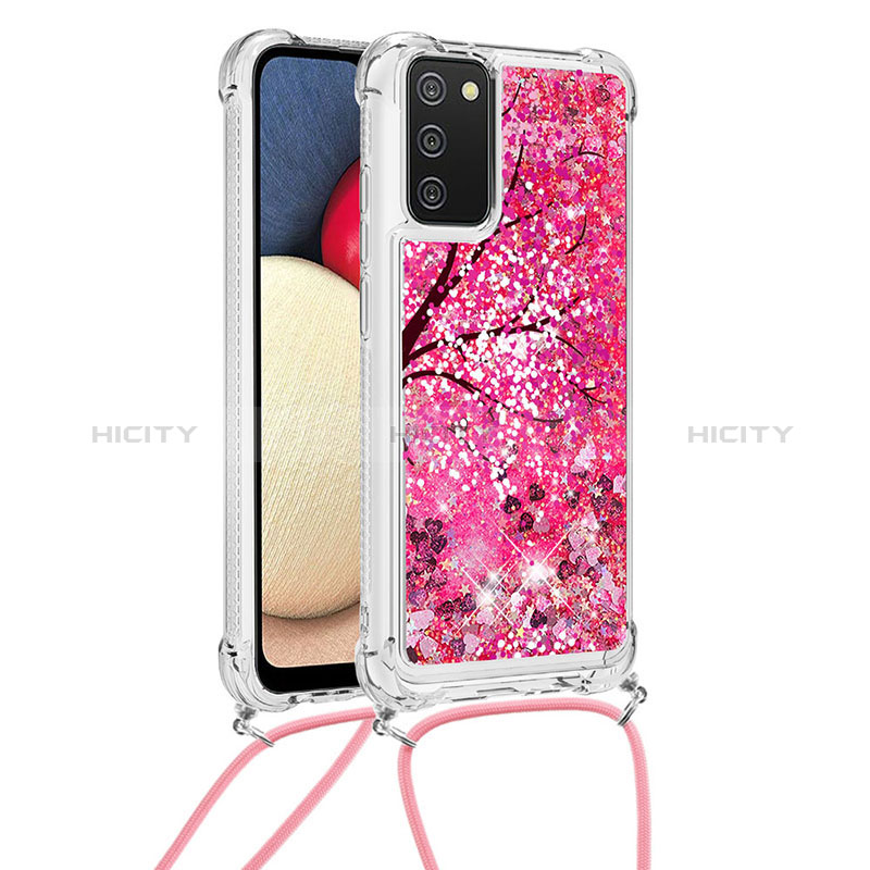 Custodia Silicone Cover Morbida Bling-Bling con Cinghia Cordino Mano S02 per Samsung Galaxy A02s Rosa Caldo