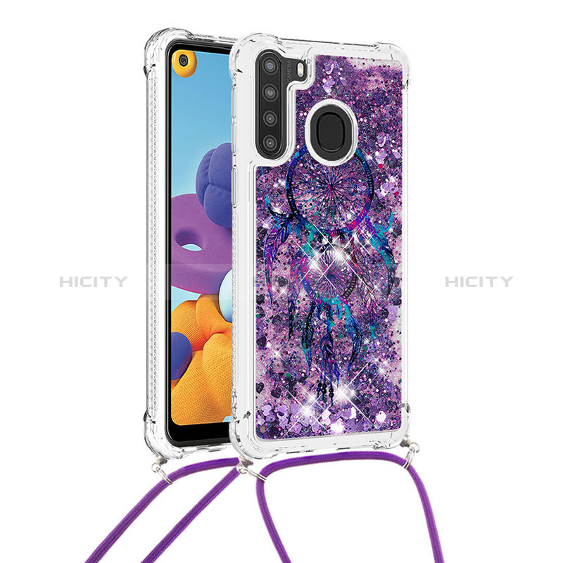 Custodia Silicone Cover Morbida Bling-Bling con Cinghia Cordino Mano S02 per Samsung Galaxy A21 Viola