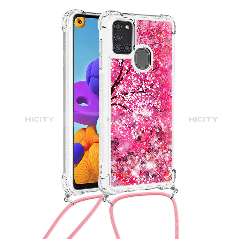 Custodia Silicone Cover Morbida Bling-Bling con Cinghia Cordino Mano S02 per Samsung Galaxy A21s Rosa Caldo