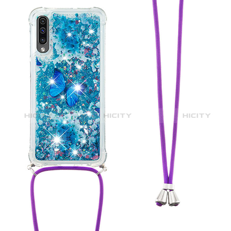 Custodia Silicone Cover Morbida Bling-Bling con Cinghia Cordino Mano S02 per Samsung Galaxy A50 Blu
