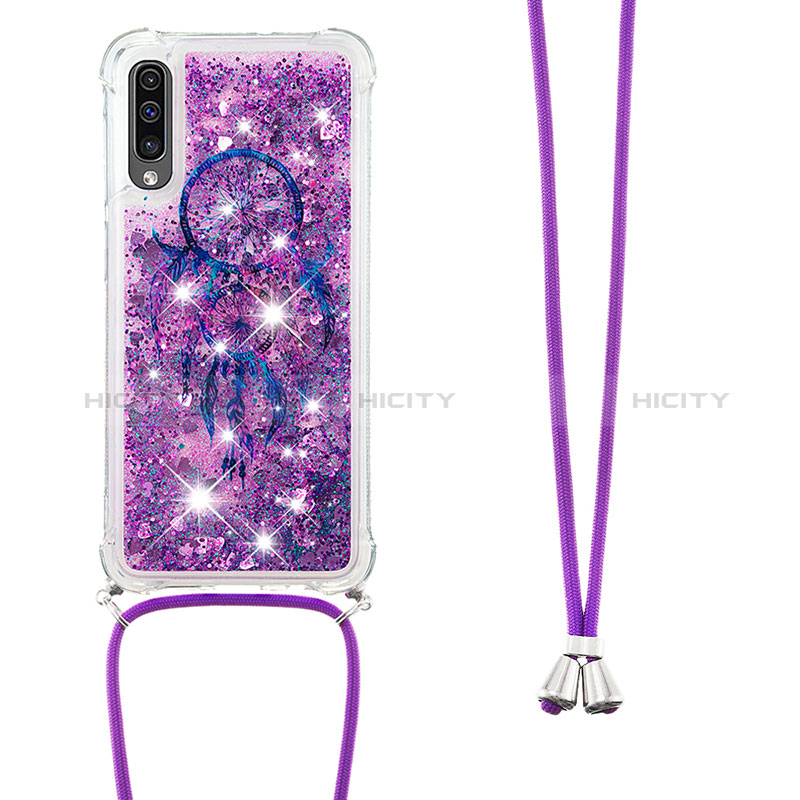 Custodia Silicone Cover Morbida Bling-Bling con Cinghia Cordino Mano S02 per Samsung Galaxy A50 Viola