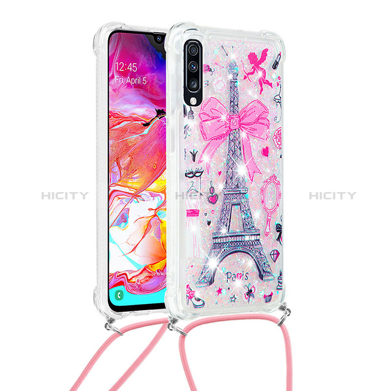 Custodia Silicone Cover Morbida Bling-Bling con Cinghia Cordino Mano S02 per Samsung Galaxy A70 Rosa