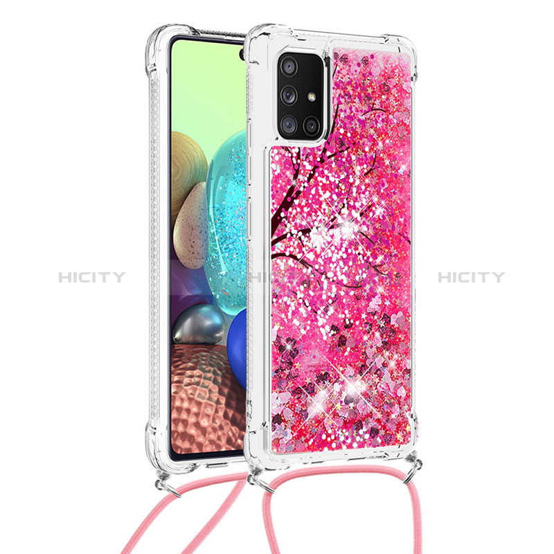 Custodia Silicone Cover Morbida Bling-Bling con Cinghia Cordino Mano S02 per Samsung Galaxy A71 5G Rosa Caldo