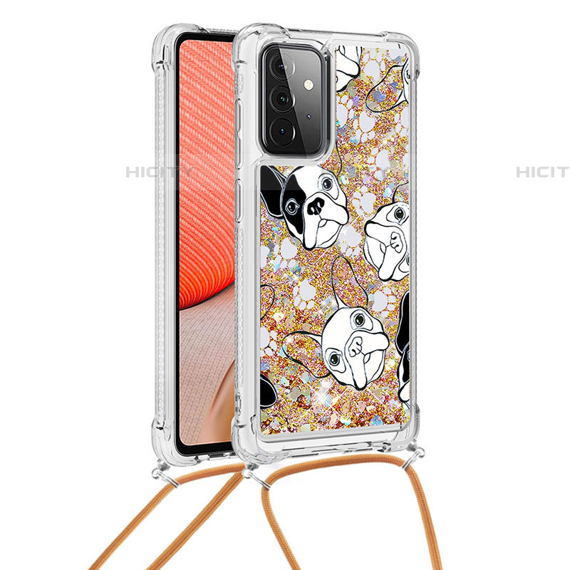 Custodia Silicone Cover Morbida Bling-Bling con Cinghia Cordino Mano S02 per Samsung Galaxy A72 5G Oro