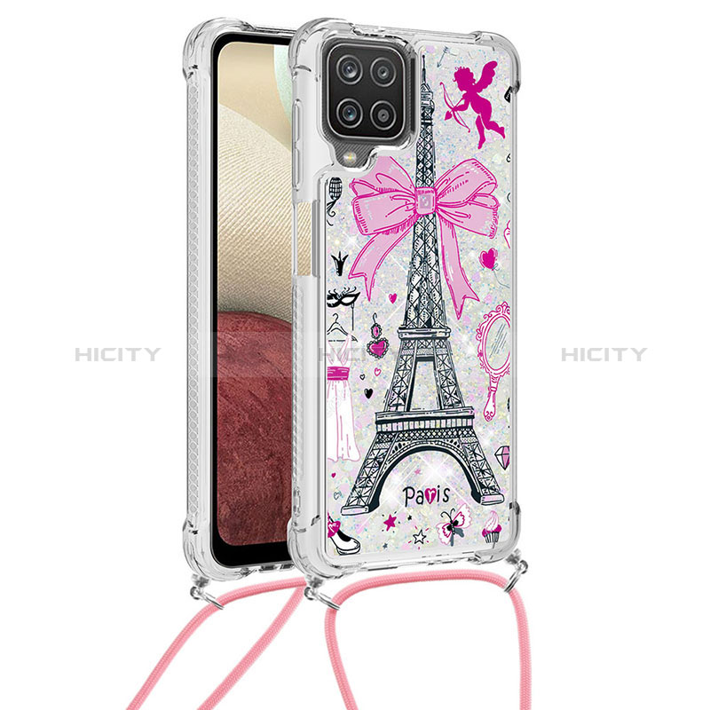 Custodia Silicone Cover Morbida Bling-Bling con Cinghia Cordino Mano S02 per Samsung Galaxy F12 Rosa