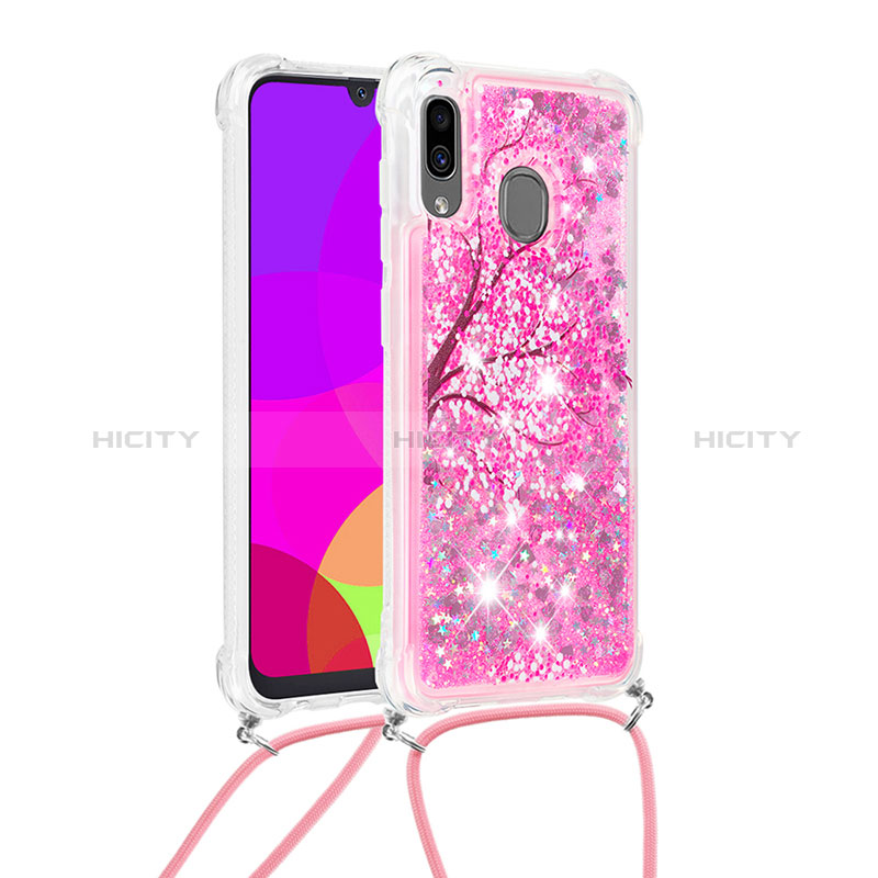 Custodia Silicone Cover Morbida Bling-Bling con Cinghia Cordino Mano S02 per Samsung Galaxy M10S Rosa Caldo