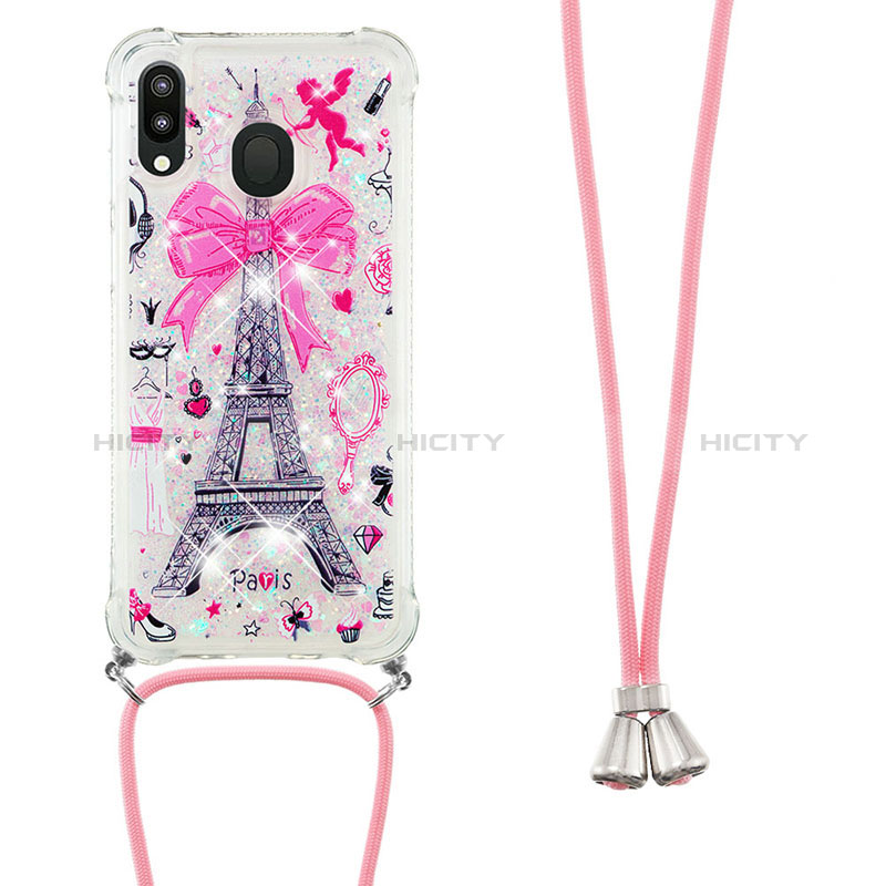 Custodia Silicone Cover Morbida Bling-Bling con Cinghia Cordino Mano S02 per Samsung Galaxy M20