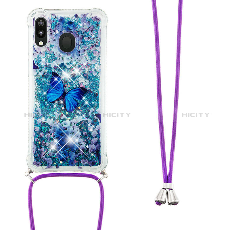 Custodia Silicone Cover Morbida Bling-Bling con Cinghia Cordino Mano S02 per Samsung Galaxy M20 Blu