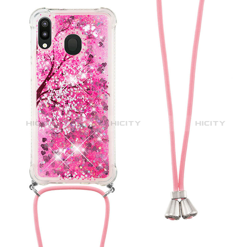 Custodia Silicone Cover Morbida Bling-Bling con Cinghia Cordino Mano S02 per Samsung Galaxy M20 Rosa Caldo