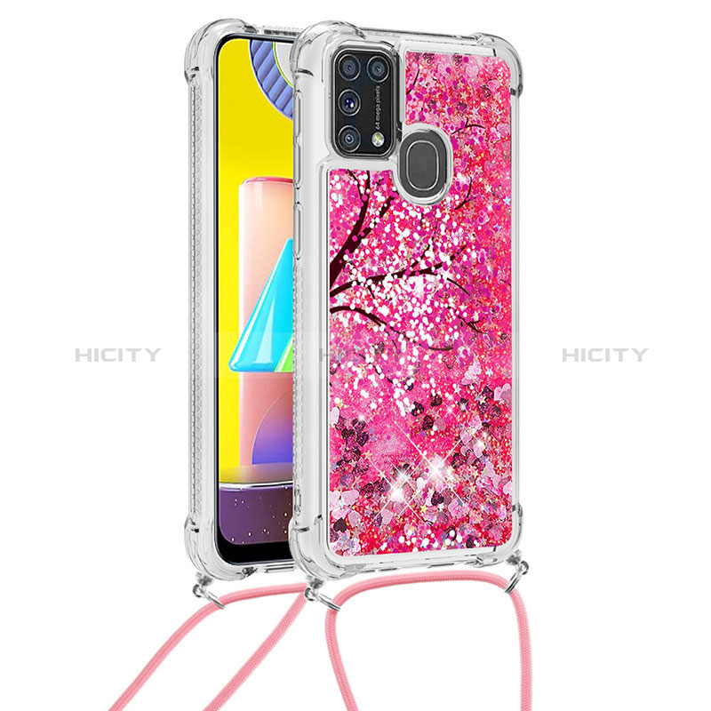 Custodia Silicone Cover Morbida Bling-Bling con Cinghia Cordino Mano S02 per Samsung Galaxy M21s Rosa Caldo