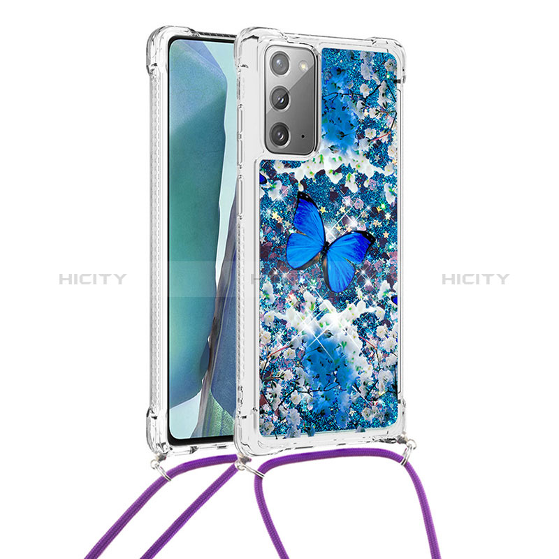 Custodia Silicone Cover Morbida Bling-Bling con Cinghia Cordino Mano S02 per Samsung Galaxy Note 20 5G Blu