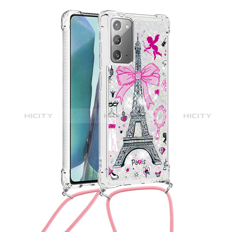 Custodia Silicone Cover Morbida Bling-Bling con Cinghia Cordino Mano S02 per Samsung Galaxy Note 20 5G Rosa