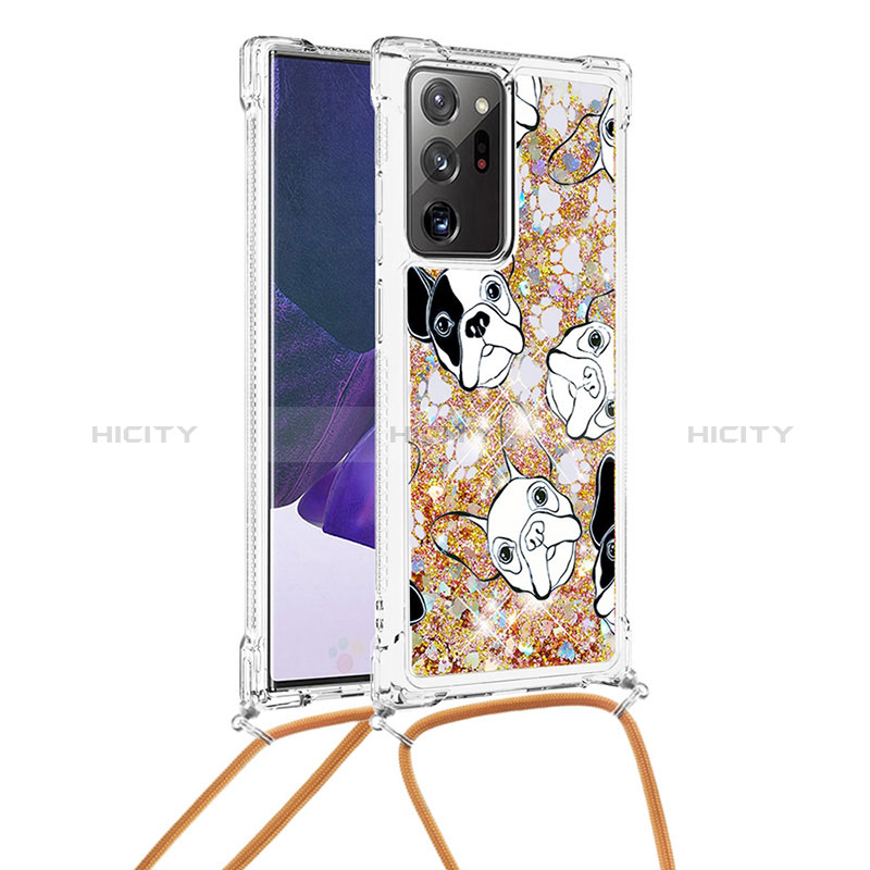 Custodia Silicone Cover Morbida Bling-Bling con Cinghia Cordino Mano S02 per Samsung Galaxy Note 20 Ultra 5G Oro