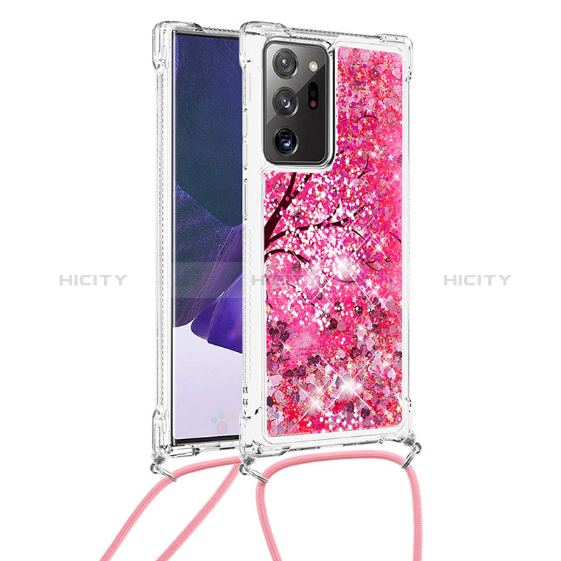 Custodia Silicone Cover Morbida Bling-Bling con Cinghia Cordino Mano S02 per Samsung Galaxy Note 20 Ultra 5G Rosa Caldo