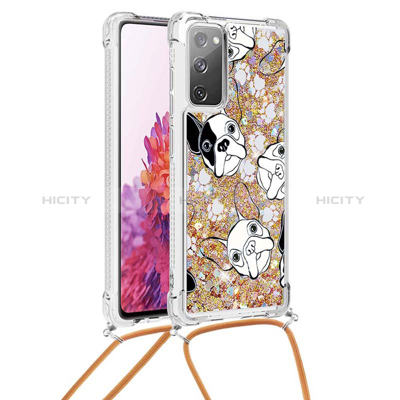 Custodia Silicone Cover Morbida Bling-Bling con Cinghia Cordino Mano S02 per Samsung Galaxy S20 FE 5G Oro