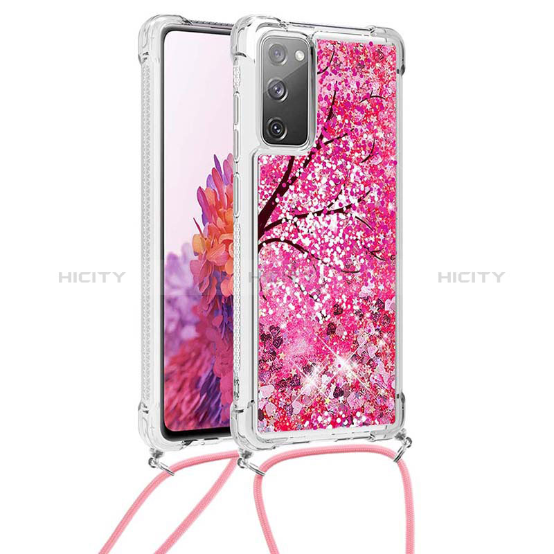 Custodia Silicone Cover Morbida Bling-Bling con Cinghia Cordino Mano S02 per Samsung Galaxy S20 FE 5G Rosa Caldo