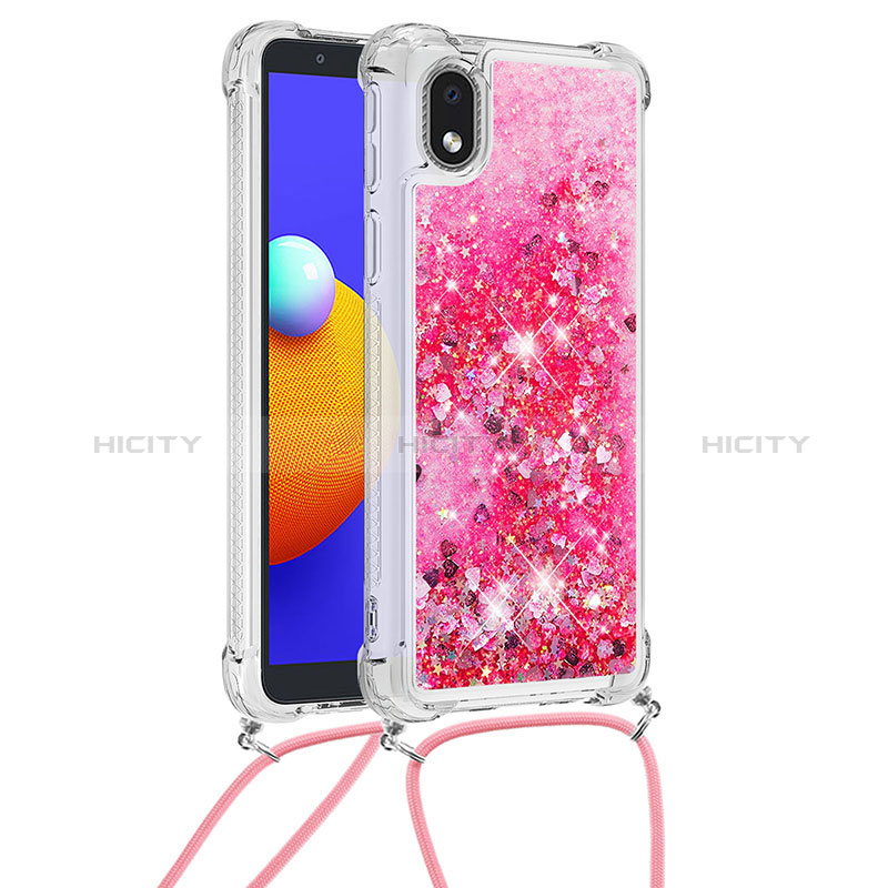Custodia Silicone Cover Morbida Bling-Bling con Cinghia Cordino Mano S03 per Samsung Galaxy A01 Core Rosa Caldo
