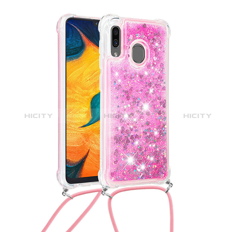 Custodia Silicone Cover Morbida Bling-Bling con Cinghia Cordino Mano S03 per Samsung Galaxy A20 Rosa Caldo