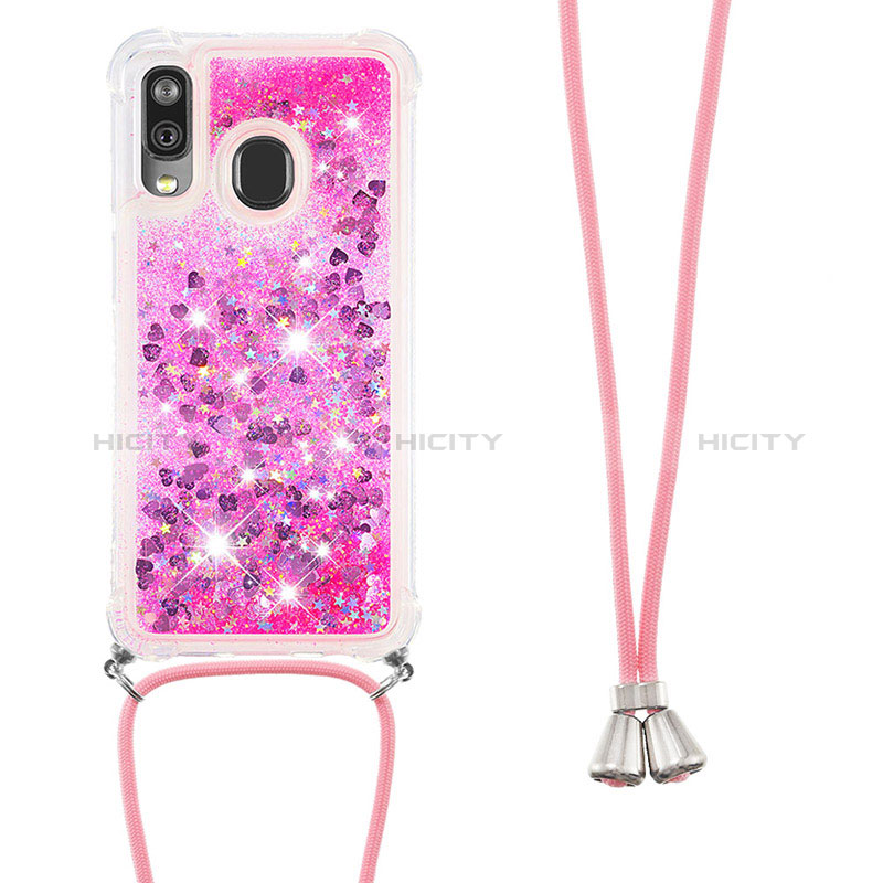 Custodia Silicone Cover Morbida Bling-Bling con Cinghia Cordino Mano S03 per Samsung Galaxy A40 Rosa Caldo