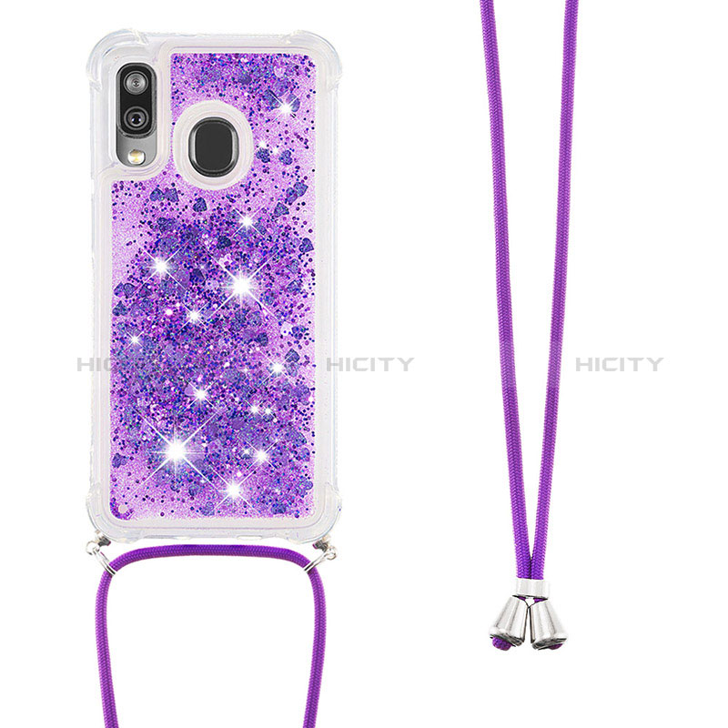 Custodia Silicone Cover Morbida Bling-Bling con Cinghia Cordino Mano S03 per Samsung Galaxy A40 Viola