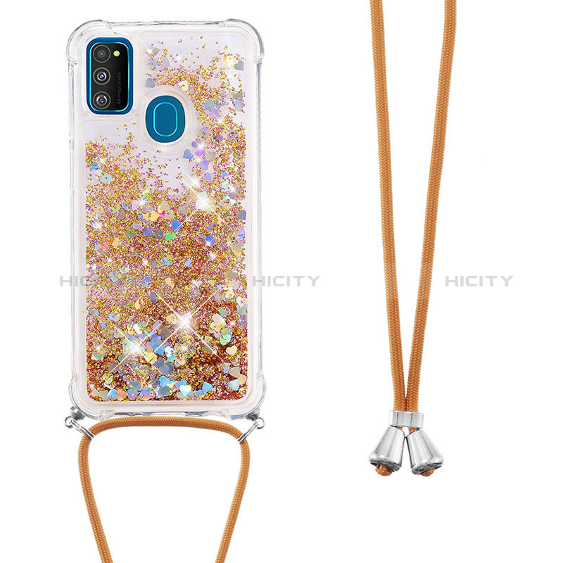 Custodia Silicone Cover Morbida Bling-Bling con Cinghia Cordino Mano S03 per Samsung Galaxy M30s Oro