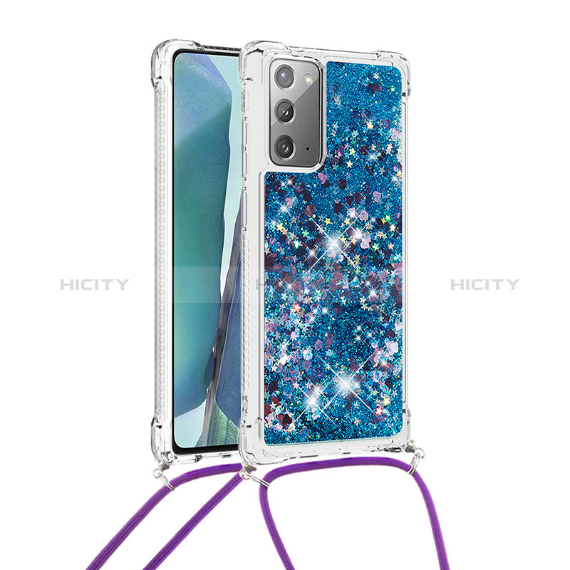 Custodia Silicone Cover Morbida Bling-Bling con Cinghia Cordino Mano S03 per Samsung Galaxy Note 20 5G Blu