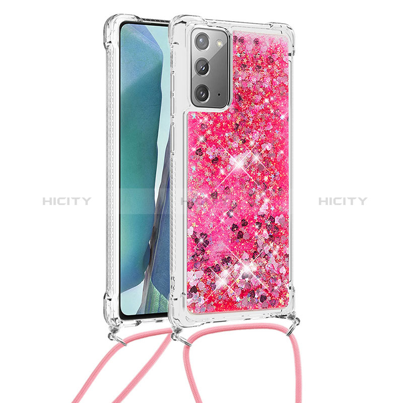 Custodia Silicone Cover Morbida Bling-Bling con Cinghia Cordino Mano S03 per Samsung Galaxy Note 20 5G Rosa Caldo