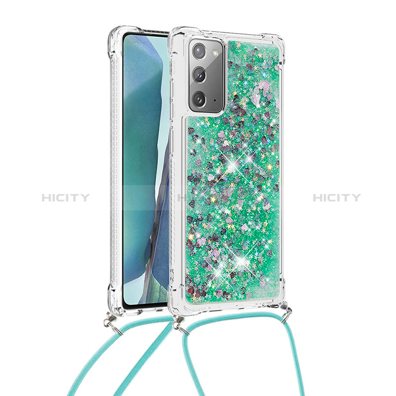 Custodia Silicone Cover Morbida Bling-Bling con Cinghia Cordino Mano S03 per Samsung Galaxy Note 20 5G Verde