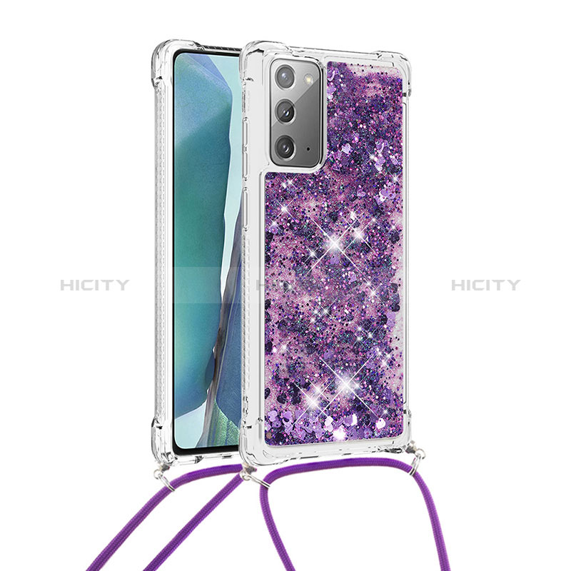 Custodia Silicone Cover Morbida Bling-Bling con Cinghia Cordino Mano S03 per Samsung Galaxy Note 20 5G Viola