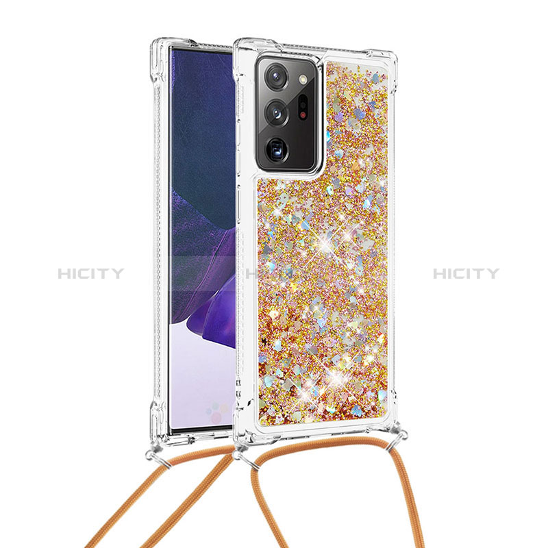 Custodia Silicone Cover Morbida Bling-Bling con Cinghia Cordino Mano S03 per Samsung Galaxy Note 20 Ultra 5G Oro
