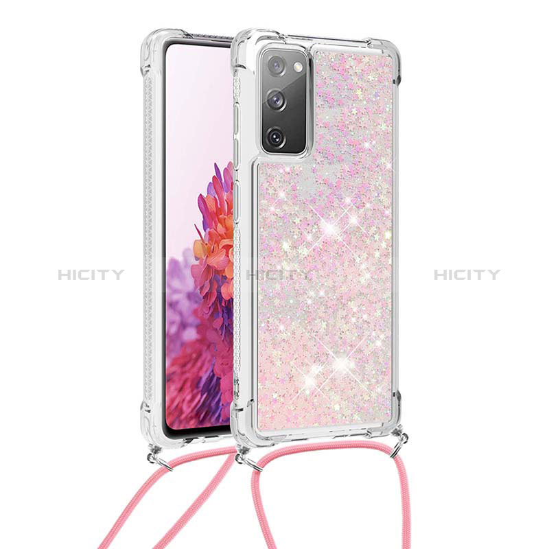 Custodia Silicone Cover Morbida Bling-Bling con Cinghia Cordino Mano S03 per Samsung Galaxy S20 FE 5G Rosa