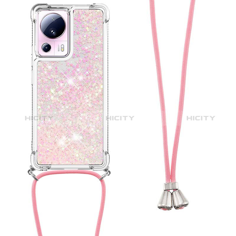 Custodia Silicone Cover Morbida Bling-Bling con Cinghia Cordino Mano S03 per Xiaomi Mi 13 Lite 5G Oro Rosa