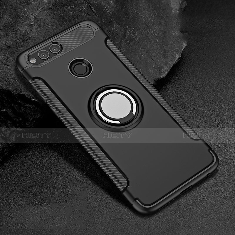 Custodia Silicone e Plastica Opaca con Anello Supporto A01 per Huawei Honor Play 7X Nero