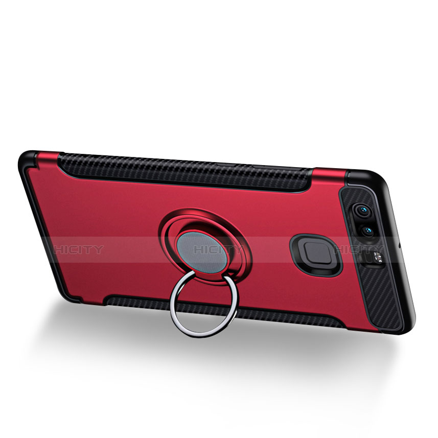 Custodia Silicone e Plastica Opaca con Anello Supporto per Huawei P9 Plus Rosso